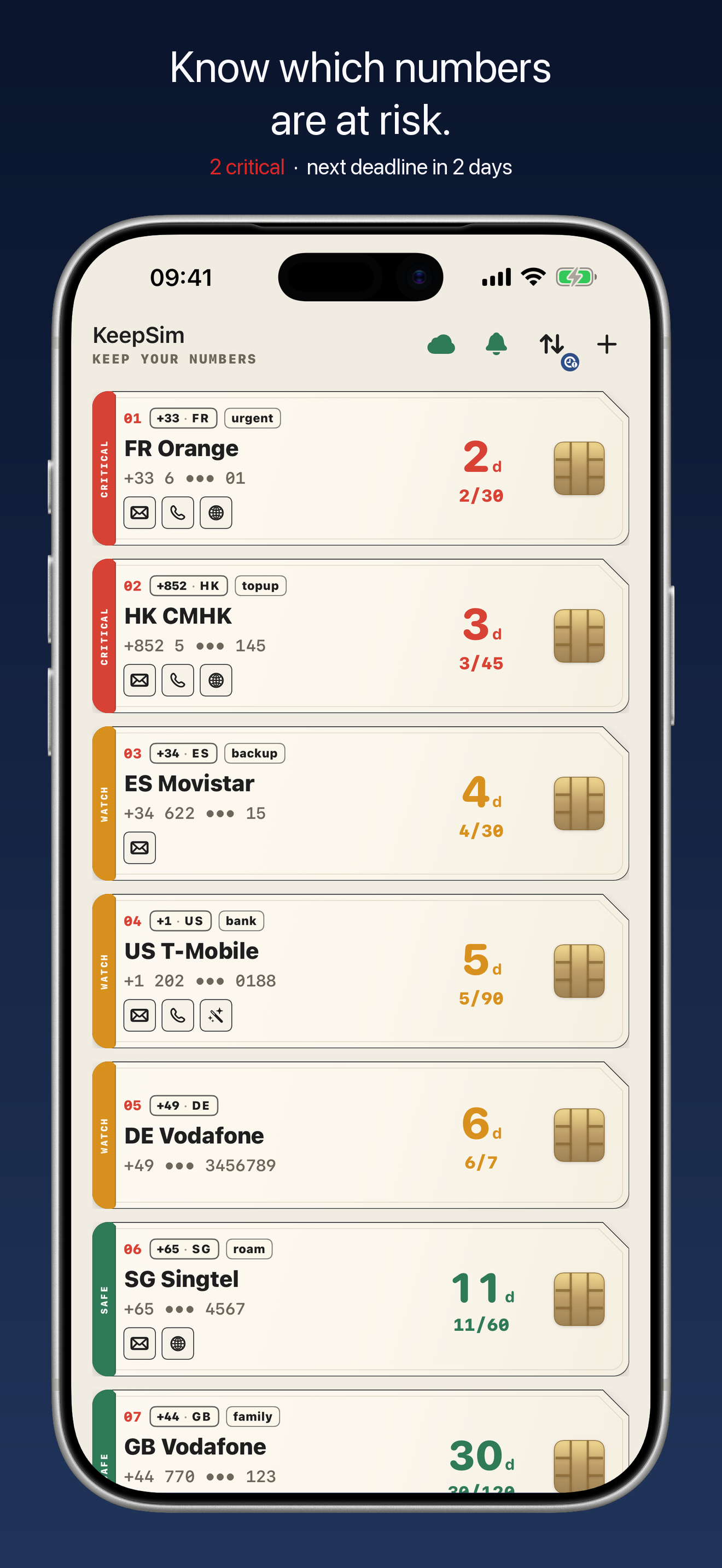 KeepSim showing several SIM and eSIM lines, each with its own countdown to the next keep-alive date.