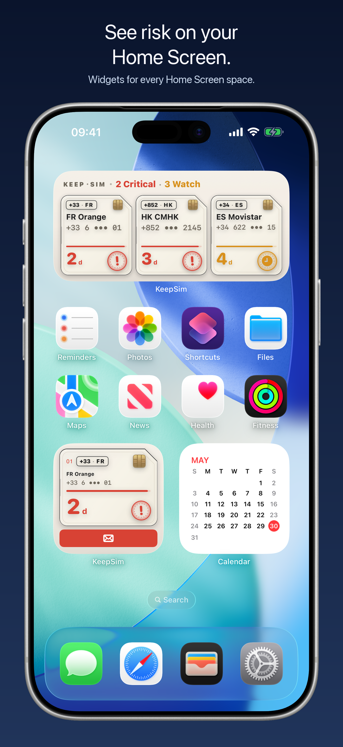 A KeepSim Home Screen widget showing at-risk numbers and how many days until each one needs activity.