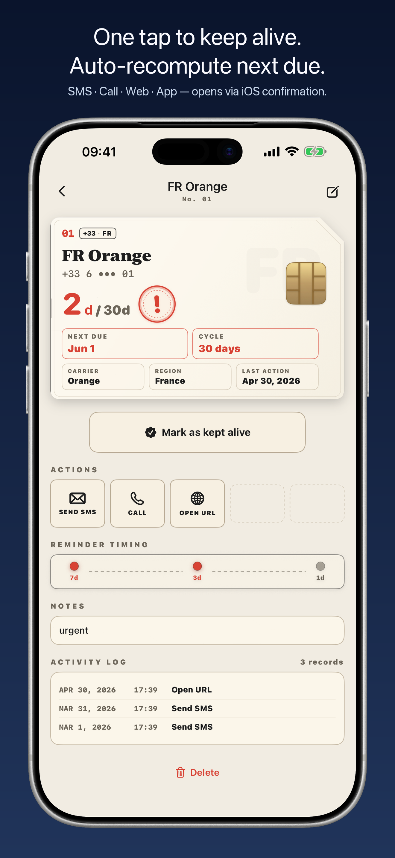 A KeepSim line detail screen showing days remaining and prepared SMS, call, and website keep-alive actions.